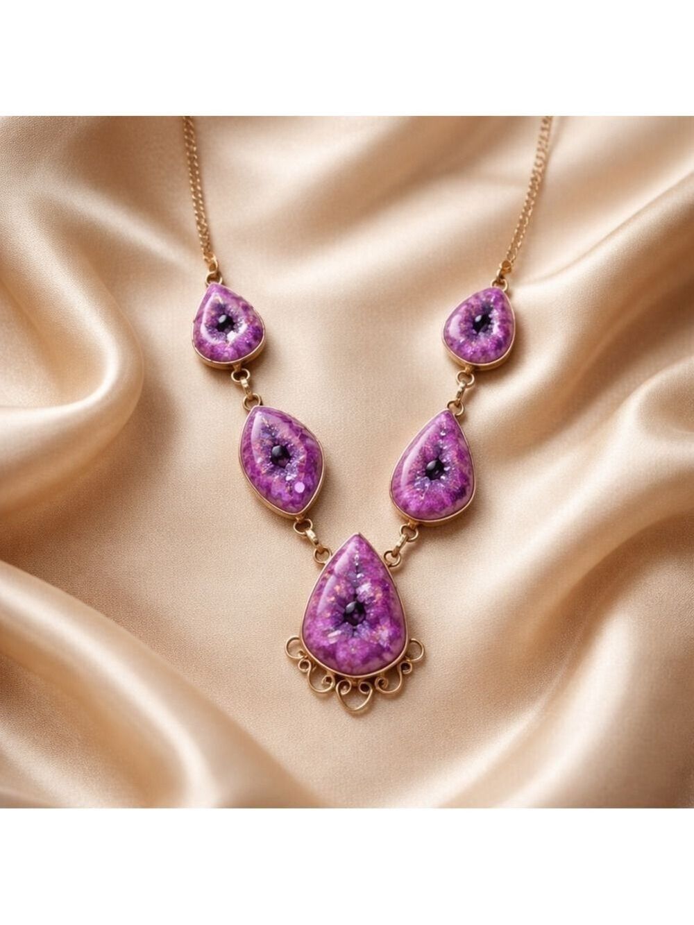 VINTAGE Purple Solar Quartz Amethyst Druzy‎ Necklace 925 Sterling Silver.
